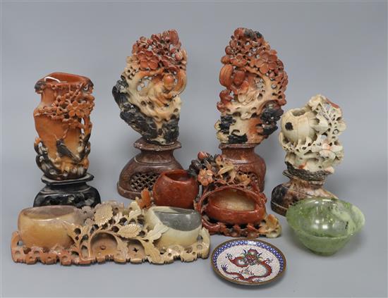 Assorted Chinese soapstone carvings, a Bowenite bowl and a cloisonne dish tallest 27cm